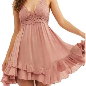 Free People Pink Lace and Tan Mini Dress